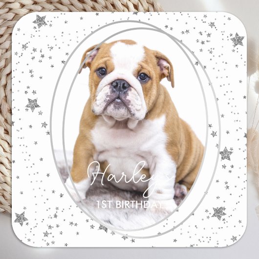 Aangepaste foto van Pet Dog Birthday Silver Glitte Vierkante Sticker