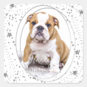 Aangepaste foto van Pet Dog Birthday Silver Glitte Vierkante Sticker (Voorkant)