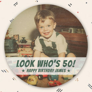 Aangepaste foto verjaardag retro kindertijd foto l ronde sticker