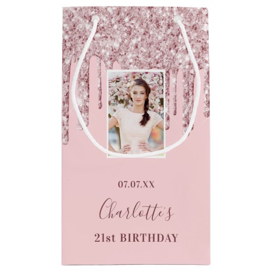 Aangepaste foto-verjaardagsblush roze glitter drup klein cadeauzakje (Achterkant)