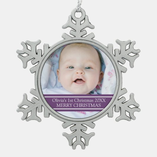 Aangepaste foto voor baby's eerste kerstversiering tin sneeuwvlok ornament (Voorkant)