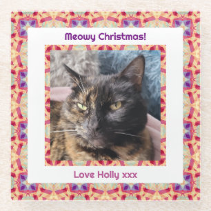 Aangepaste Foto Vrolijk Kerstfeest Jolly Pet Cat K Glazen Onderzetter
