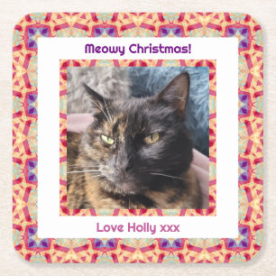 Aangepaste Foto Vrolijk Kerstfeest Jolly Pet Cat K Vierkante Kartonnen Onderzetter