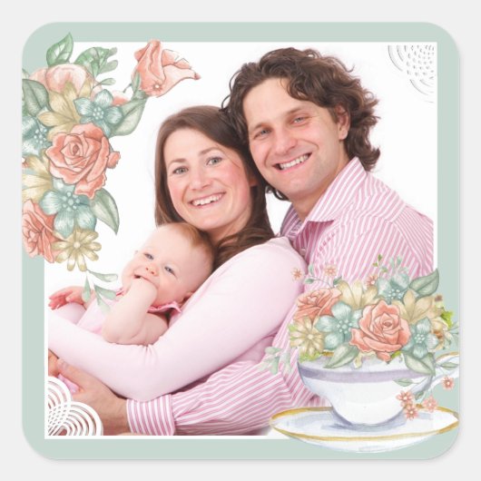 Aangepaste foto waterverf Floral en Teacup Vierkante Sticker (Voorkant)