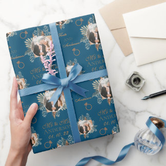 Aangepaste foto-Waterverf Floral Mr & Mrs Navy Blu Cadeaupapier