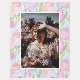 Aangepaste foto-Waterverf roze tulp Fleece Deken