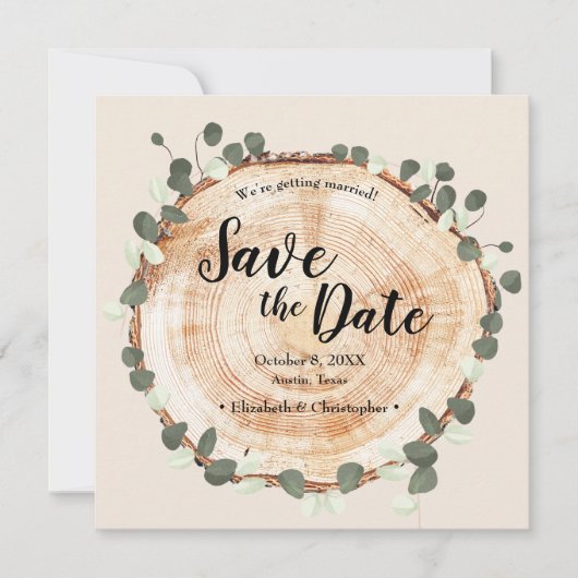 Aangepaste foto website houtnerf eucalyptus Bruilo Save The Date (Voorkant)