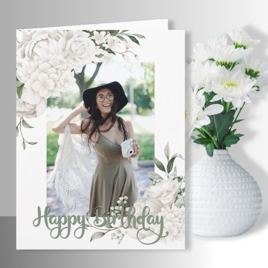 Aangepaste foto White Floral Birthday Greep Kaart