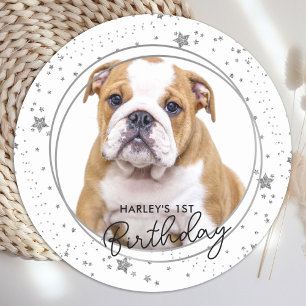 Aangepaste foto Zilver Glitter Stars Dog Birthday Ronde Sticker