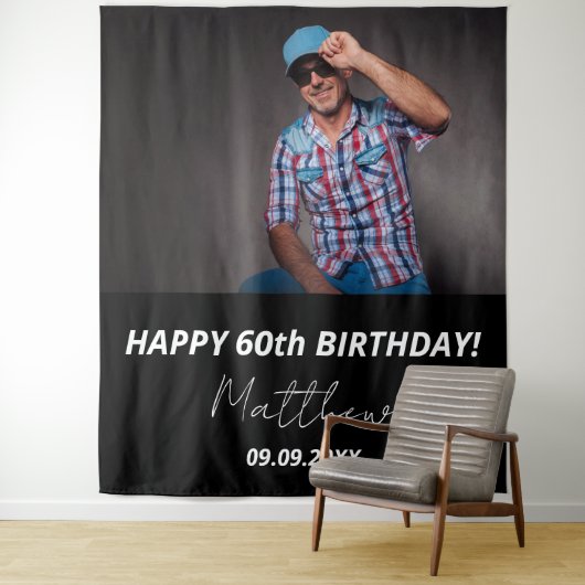 Aangepaste foto zwart wit man 60e verjaardag wandkleed (In situ)