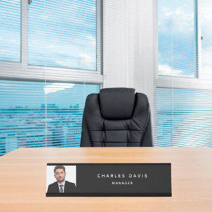 Aangepaste foto zwart wit monogram modern bureau naambordje