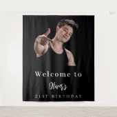 Aangepaste foto zwart wit verjaardag welkom wandkleed (Voorkant)