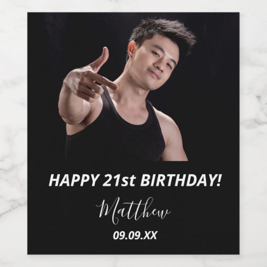 Aangepaste foto zwart wit verjaardagsfeestje wijn etiket (Enkel label)