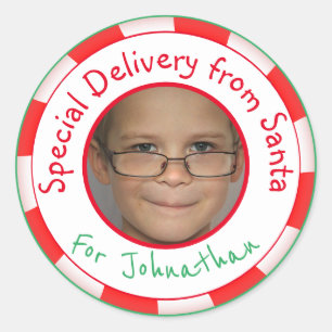 Aangepaste fotocadeautag van de Kerstman Ronde Sticker