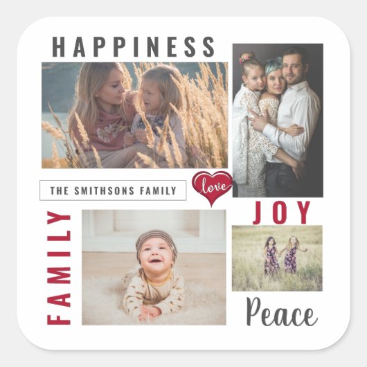 Aangepaste fotocollage Love Joy Family Vierkante Sticker (Voorkant)