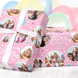 Aangepaste Fotocollage Meisjes Verjaardag Pastelro Cadeaupapier
