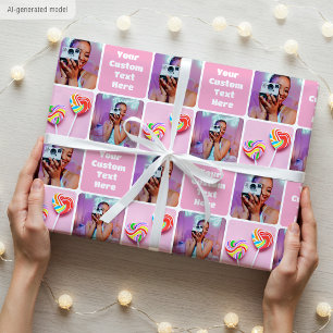 Aangepaste Fotocollage Moderne Retro Roze Trendy Cadeaupapier