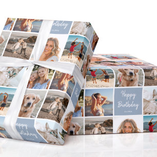 Aangepaste Fotocollage Verjaardag Modern Blauw Gri Cadeaupapier