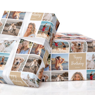 Aangepaste Fotocollage Verjaardag Modern Gold Cadeaupapier