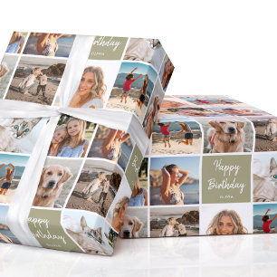 Aangepaste Fotocollage Verjaardag Modern Green Cadeaupapier