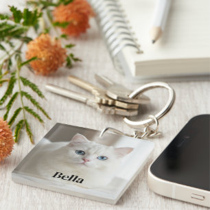 Aangepaste fotohanger met knuffel witte poes sleutelhanger