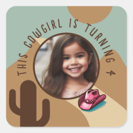 Aangepaste Fotonaam Any Age Cowgirl Thema Verjaard Vierkante Sticker