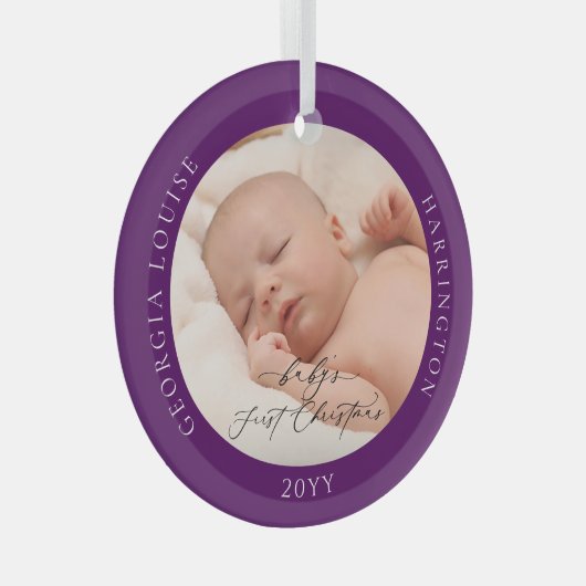 Aangepaste fotonaam Baby's eerste Paarse kerst Glas Ornament (Voorkant Rechts)