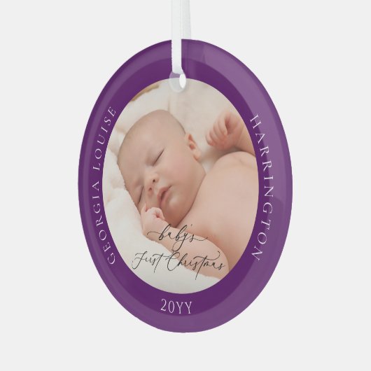 Aangepaste fotonaam Baby's eerste Paarse kerst Glas Ornament (Voorkant links)