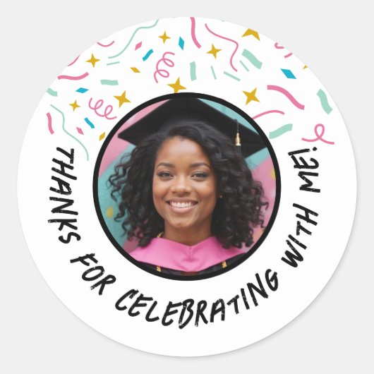 Aangepaste Fotonaam Confetti Afstuderen Dank u Ronde Sticker (Voorkant)