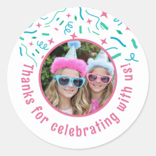 Aangepaste Fotonaam Confetti Verjaardag Dank u Ronde Sticker