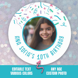 Aangepaste Fotonaam Elke Leeftijd Confetti Verjaar Ronde Sticker