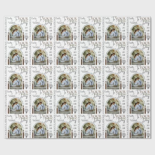 Aangepaste fotonaam en datum stijlvolle Floral Wed Cadeaupapier (Vlak)