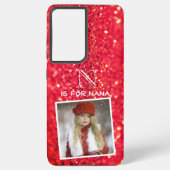 Aangepaste fotonaam Monogram rood glitter Samsung Galaxy Hoesje (Achterkant)
