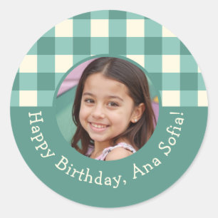 Aangepaste Fotonaam Plaid Gingham Verjaardagsfeest Ronde Sticker