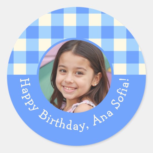 Aangepaste Fotonaam Plaid Gingham Verjaardagsfeest Ronde Sticker (Voorkant)