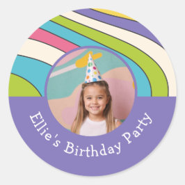 Aangepaste Fotonaam Retro Kleurrijk Verjaardagsfee Ronde Sticker