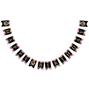 Aangepaste fotoroze Floral Black Gold-dag Vlaggetjes