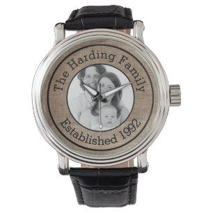 Aangepaste foto's en Faux Burlap met tekst Horloge
