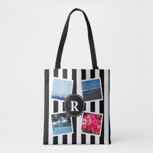 Aangepaste foto's en monogram met zwarte strepen tote bag