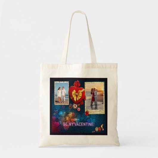 Aangepaste foto's en naamhart Mijn Valentijn mozaï Tote Bag (Voorkant)