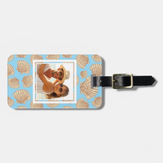 Aangepaste foto's van Blue Seashell Pattern Bagagelabel (Voorkant horizontaal)