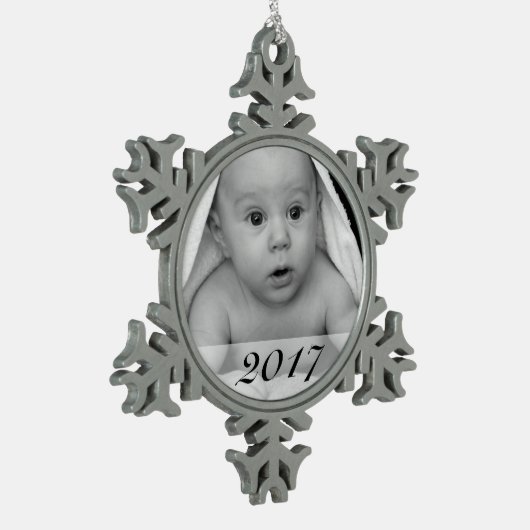 Aangepaste fotoselectie met datum tin sneeuwvlok ornament (Links)