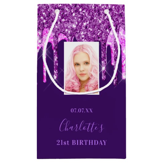 Aangepaste fotoverjaardag paarse roze glitter drup klein cadeauzakje (Achterkant)