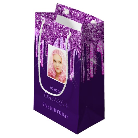 Aangepaste fotoverjaardag paarse roze glitter drup klein cadeauzakje (Voorkant Gekanteld)