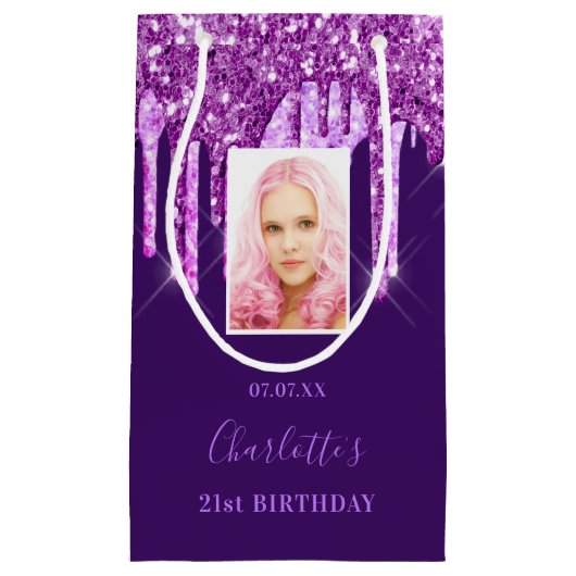 Aangepaste fotoverjaardag paarse roze glitter drup klein cadeauzakje (Voorkant)
