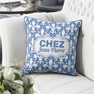 Aangepaste Franse Tekst blauw en wit Fleur de lys Kussen