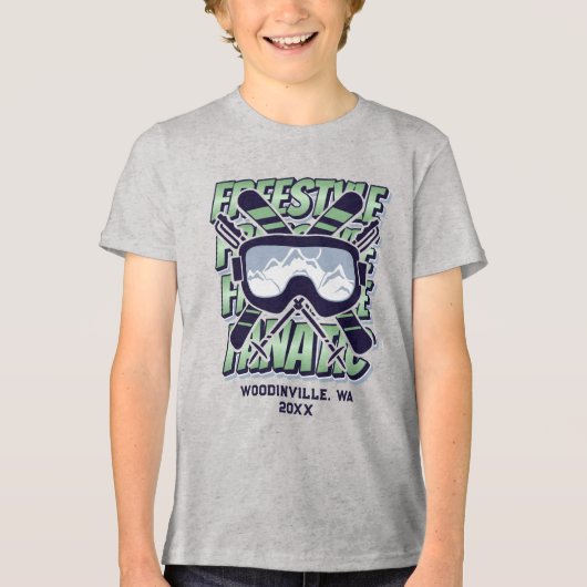 Aangepaste freestyle skiën locatie Datum Naam Tri-Blend Shirt (Voorkant)