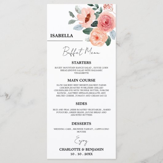Aangepaste gastnaam bloemstuk bruiloftsbuffetmenu menu (Voorkant)