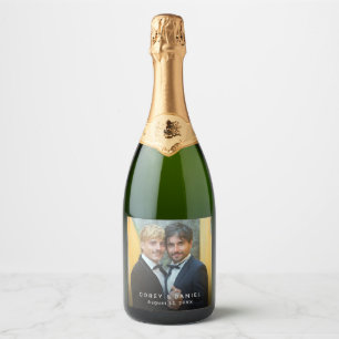 Aangepaste Gay Trouwfoto Twee Bruidegoms Sparkling Wijnetiket