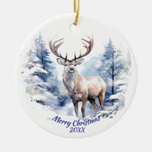 Aangepaste gedateerde herten Winter Snow Forest An Keramisch Ornament